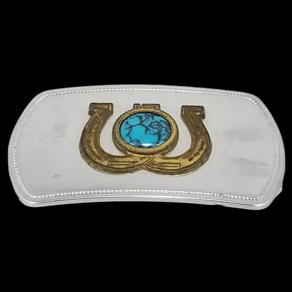 Steel Belt Buckle – Gold Color Horseshoe with Turquoise Stone‎ Western USA Made